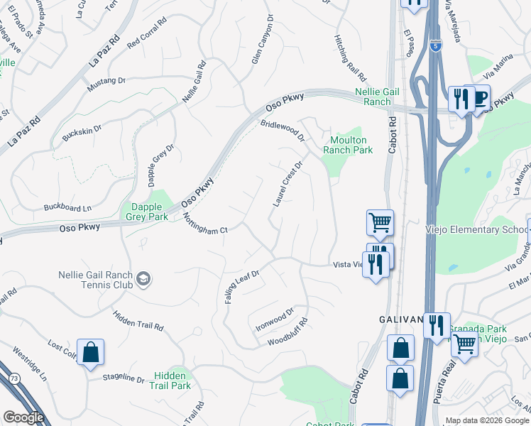map of restaurants, bars, coffee shops, grocery stores, and more near 26711 Laurel Crest Drive in Laguna Hills