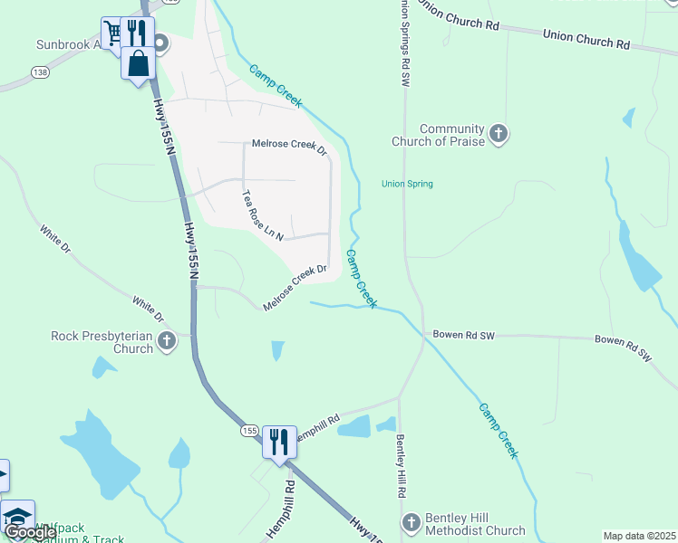 map of restaurants, bars, coffee shops, grocery stores, and more near 134 Melrose Creek Drive in Stockbridge