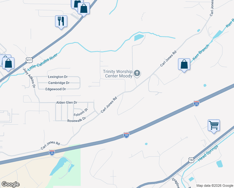 map of restaurants, bars, coffee shops, grocery stores, and more near 2236 Carl Jones Road in Moody