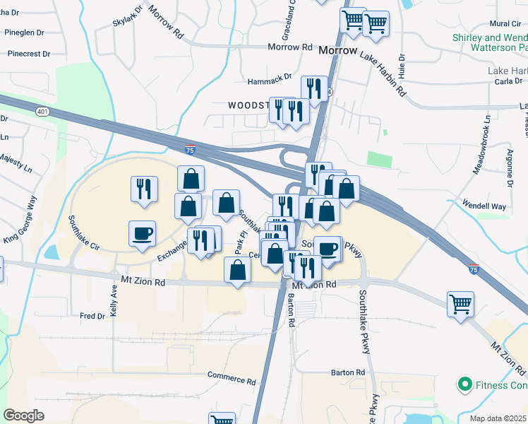 map of restaurants, bars, coffee shops, grocery stores, and more near 1420 Southlake Parkway in Morrow