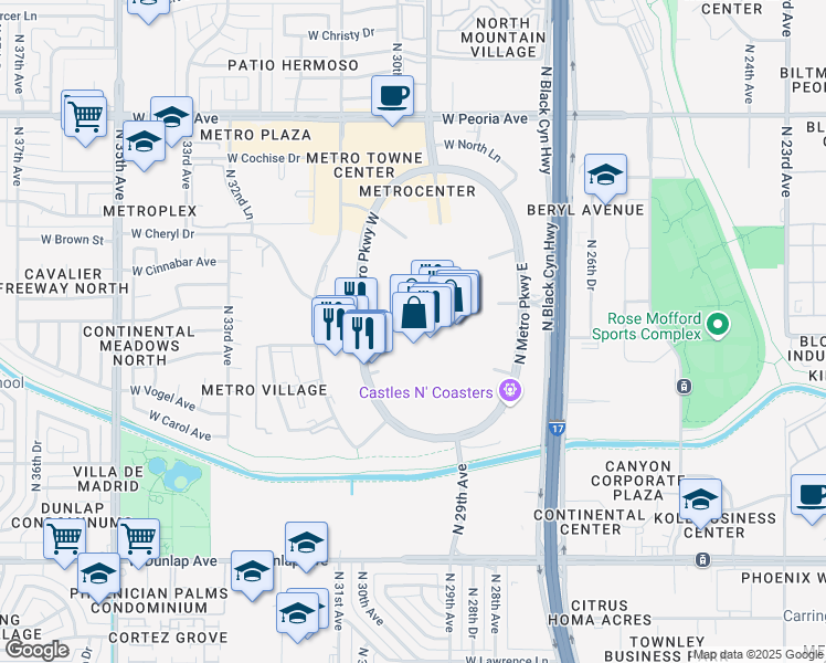 map of restaurants, bars, coffee shops, grocery stores, and more near 9617 North Metro Parkway West in Phoenix