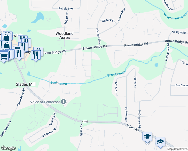 map of restaurants, bars, coffee shops, grocery stores, and more near 205 Amberjack Trail in Covington