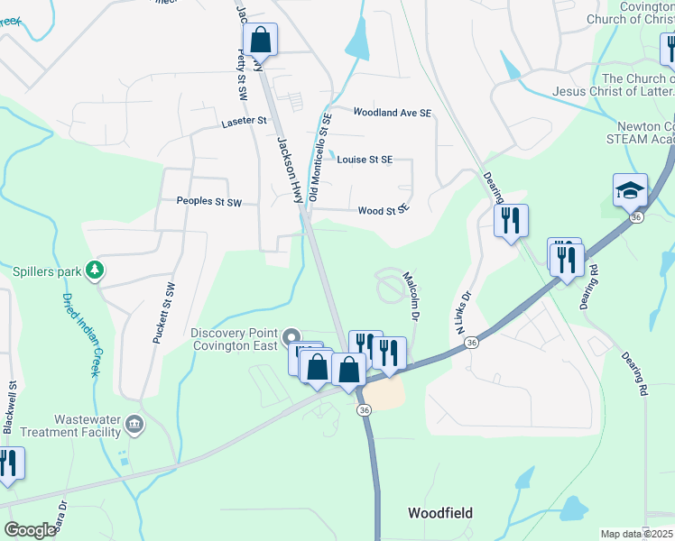 map of restaurants, bars, coffee shops, grocery stores, and more near 9155 Georgia 36 in Covington