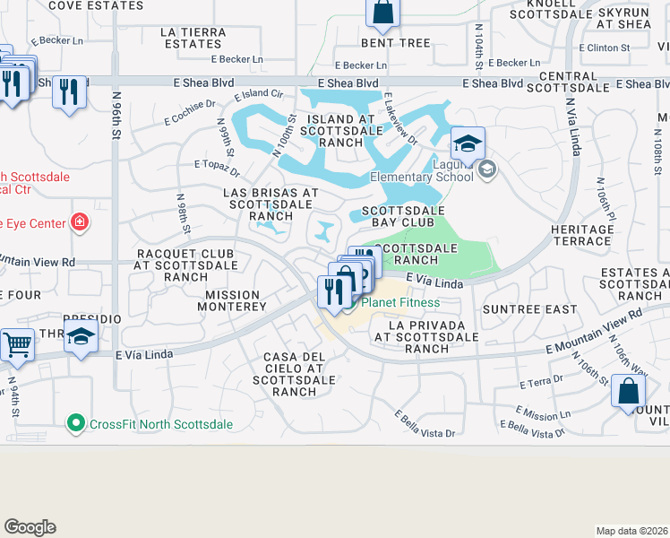map of restaurants, bars, coffee shops, grocery stores, and more near 10055 East Mountain View Lake Drive in Scottsdale