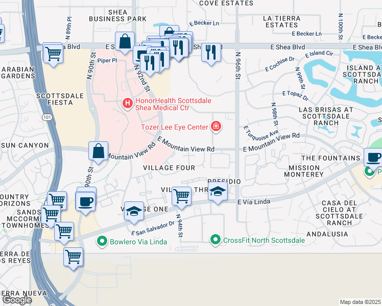 map of restaurants, bars, coffee shops, grocery stores, and more near 9735 North 94th Place in Scottsdale