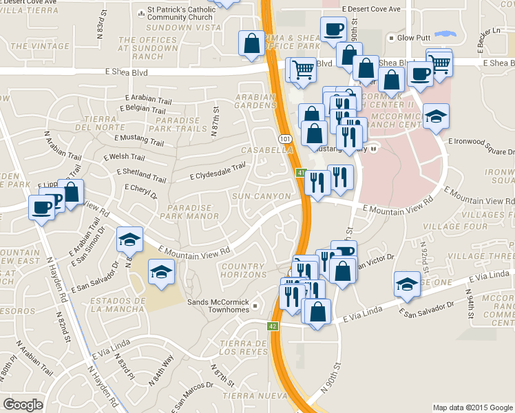 map of restaurants, bars, coffee shops, grocery stores, and more near 8700 East Mountain View Road in Scottsdale