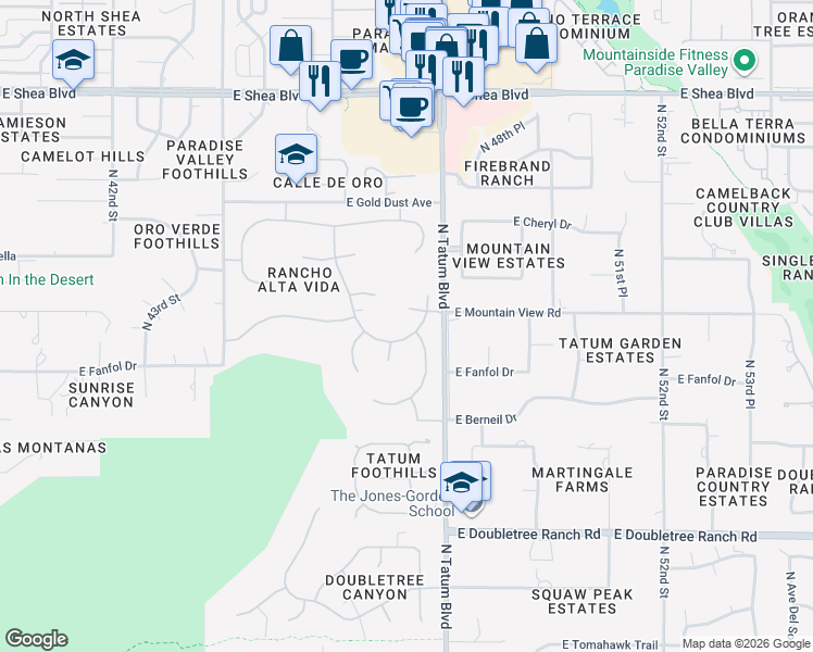 map of restaurants, bars, coffee shops, grocery stores, and more near 4625 East Mountain View Road in Phoenix
