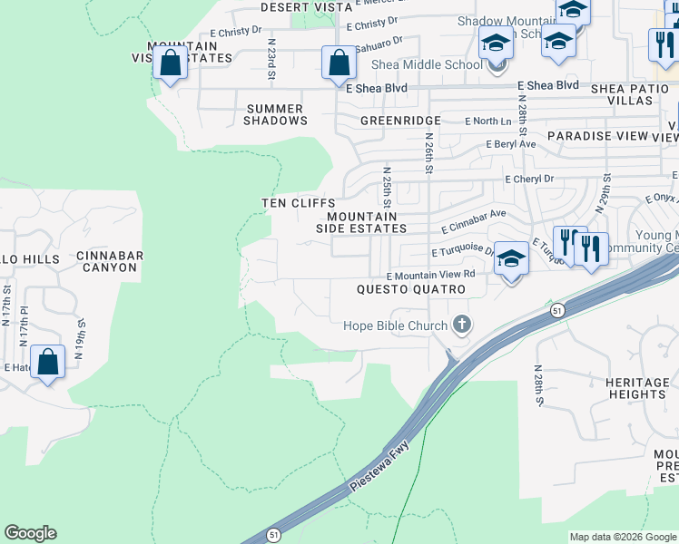 map of restaurants, bars, coffee shops, grocery stores, and more near 2401 East Mountain View Road in Phoenix