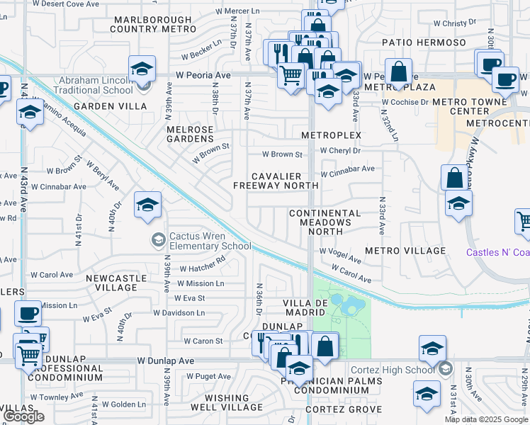 map of restaurants, bars, coffee shops, grocery stores, and more near 9635 North 36th Drive in Phoenix