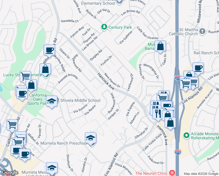 map of restaurants, bars, coffee shops, grocery stores, and more near 40029 Myrtlewood Court in Murrieta