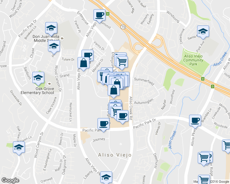 map of restaurants, bars, coffee shops, grocery stores, and more near 7129 CIty Lights Drive in Aliso Viejo
