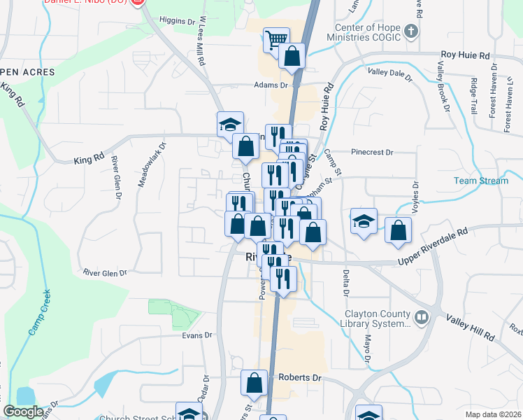 map of restaurants, bars, coffee shops, grocery stores, and more near 6580 Church Street in Riverdale