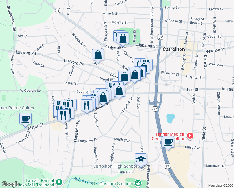 map of restaurants, bars, coffee shops, grocery stores, and more near 819 Maple Street in Carrollton