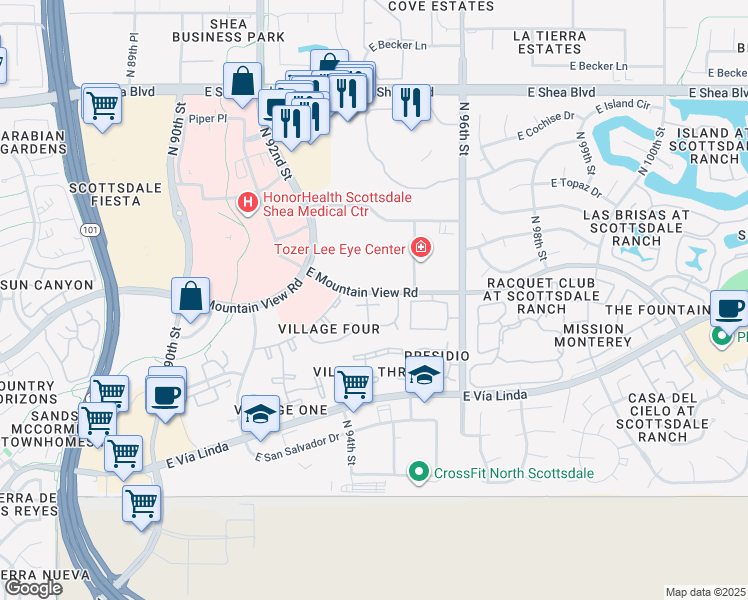 map of restaurants, bars, coffee shops, grocery stores, and more near 9735 North 94th Place in Scottsdale