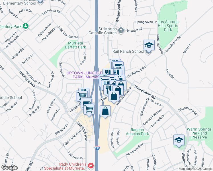 map of restaurants, bars, coffee shops, grocery stores, and more near 39571 Los Alamos Road in Murrieta