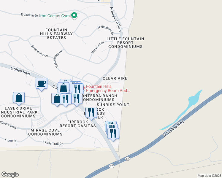 map of restaurants, bars, coffee shops, grocery stores, and more near 17200 East Hillcrest Drive in Fountain Hills