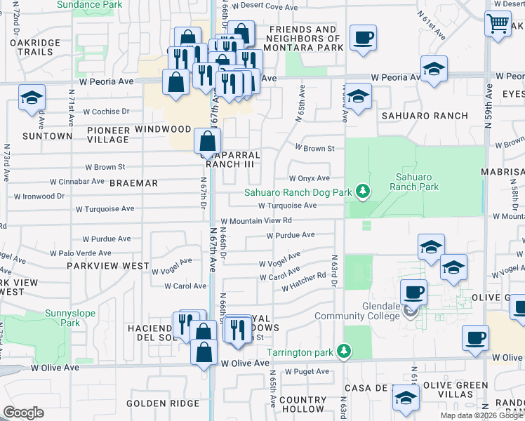 map of restaurants, bars, coffee shops, grocery stores, and more near 6515 West Mountain View Road in Glendale