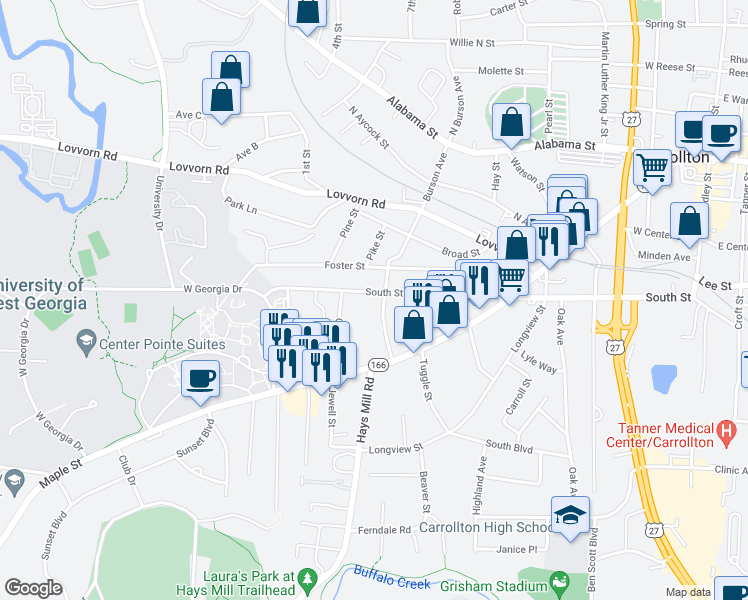 map of restaurants, bars, coffee shops, grocery stores, and more near 603 Burson Avenue in Carrollton