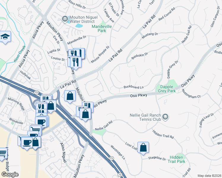map of restaurants, bars, coffee shops, grocery stores, and more near 24852 Buckboard Lane in Laguna Hills