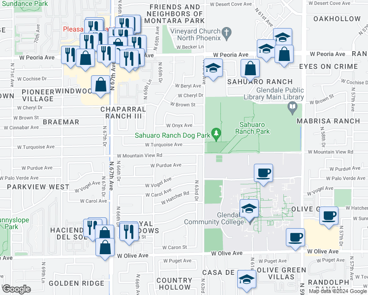 map of restaurants, bars, coffee shops, grocery stores, and more near 6337 West Turquoise Avenue in Glendale