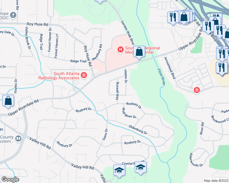 map of restaurants, bars, coffee shops, grocery stores, and more near 6565 Bussell Way in Riverdale
