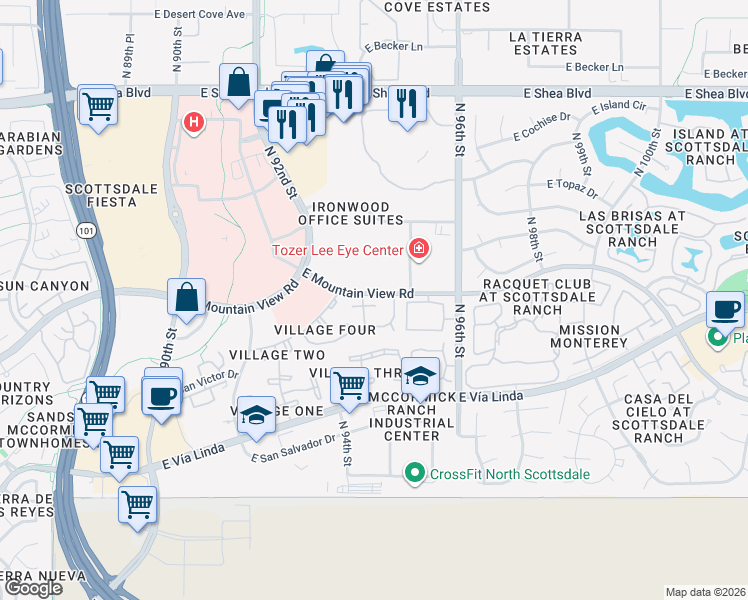 map of restaurants, bars, coffee shops, grocery stores, and more near 9735 North 94th Place in Scottsdale