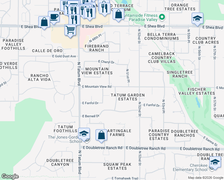 map of restaurants, bars, coffee shops, grocery stores, and more near 9516 North 50th Place in Paradise Valley