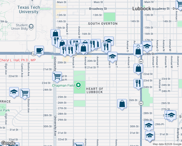 map of restaurants, bars, coffee shops, grocery stores, and more near 2205 22nd Street in Lubbock