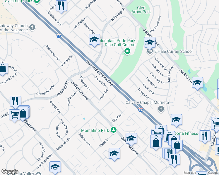 map of restaurants, bars, coffee shops, grocery stores, and more near 23968 Corinth Drive in Murrieta