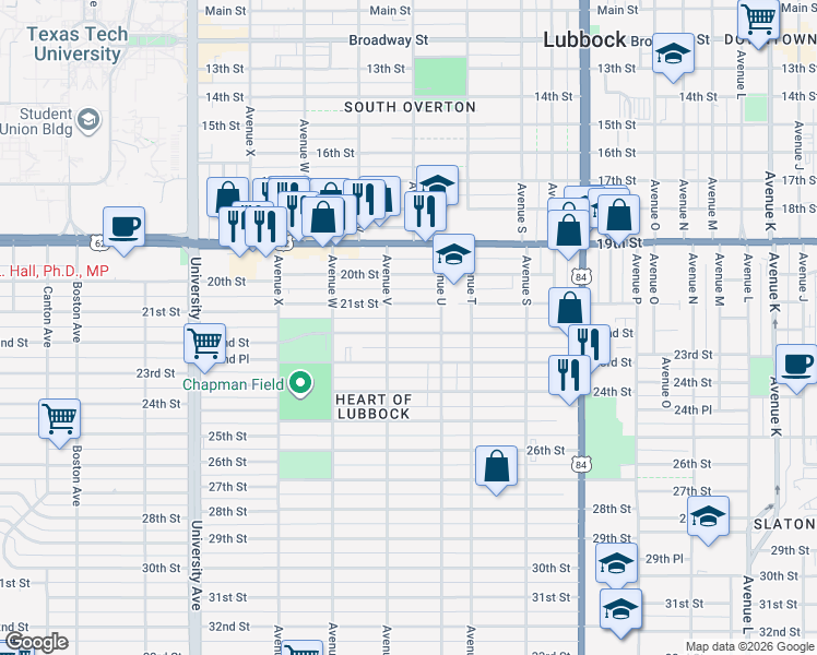 map of restaurants, bars, coffee shops, grocery stores, and more near 2116 22nd Street in Lubbock