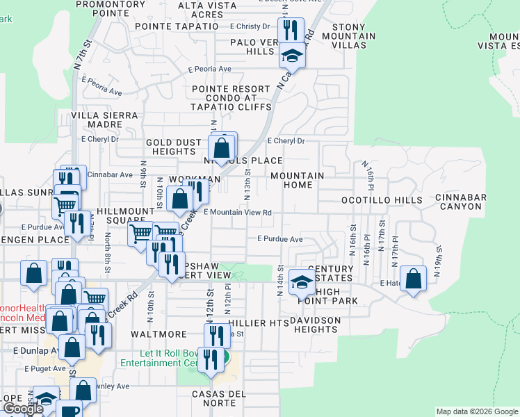 map of restaurants, bars, coffee shops, grocery stores, and more near 1321 East Mountain View Road in Phoenix