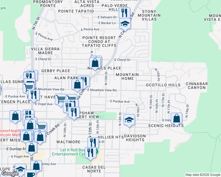 map of restaurants, bars, coffee shops, grocery stores, and more near 1251 East Mountain View Road in Phoenix