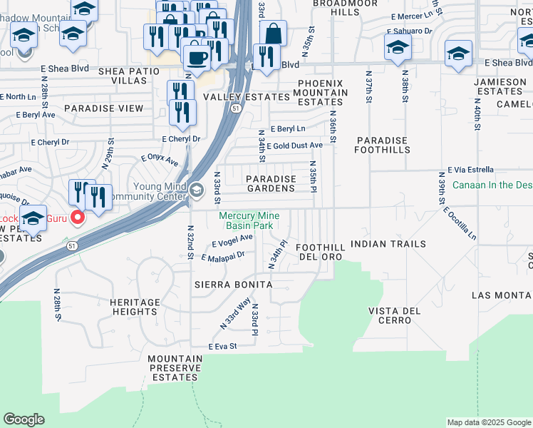 map of restaurants, bars, coffee shops, grocery stores, and more near 9646 North 34th Street in Phoenix