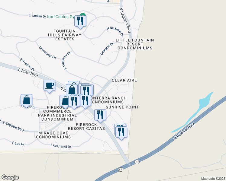 map of restaurants, bars, coffee shops, grocery stores, and more near 17120 East Hillcrest Drive in Fountain Hills