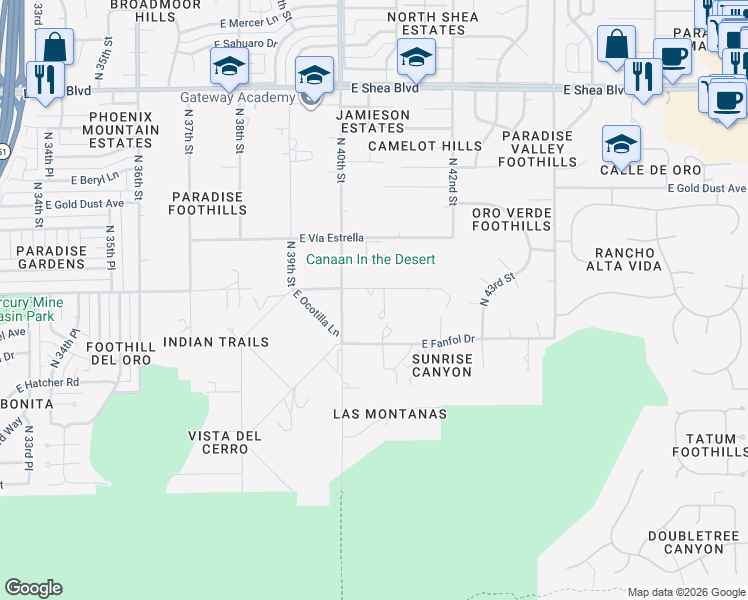 map of restaurants, bars, coffee shops, grocery stores, and more near 9626 North 40th Place in Phoenix