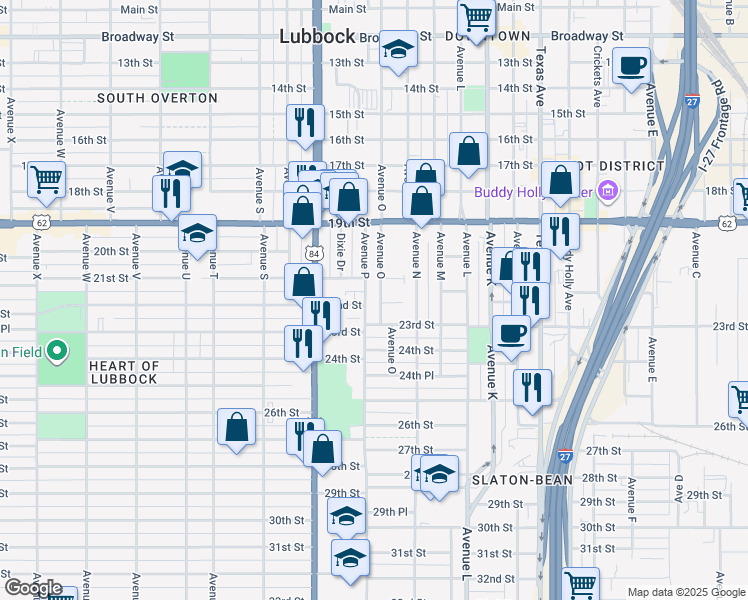 map of restaurants, bars, coffee shops, grocery stores, and more near 2205 Avenue P in Lubbock