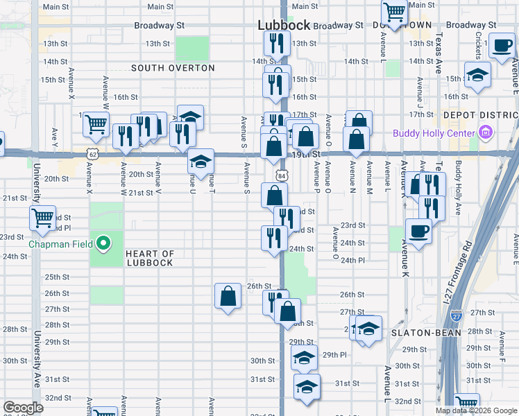 map of restaurants, bars, coffee shops, grocery stores, and more near 2202 Avenue Q in Lubbock