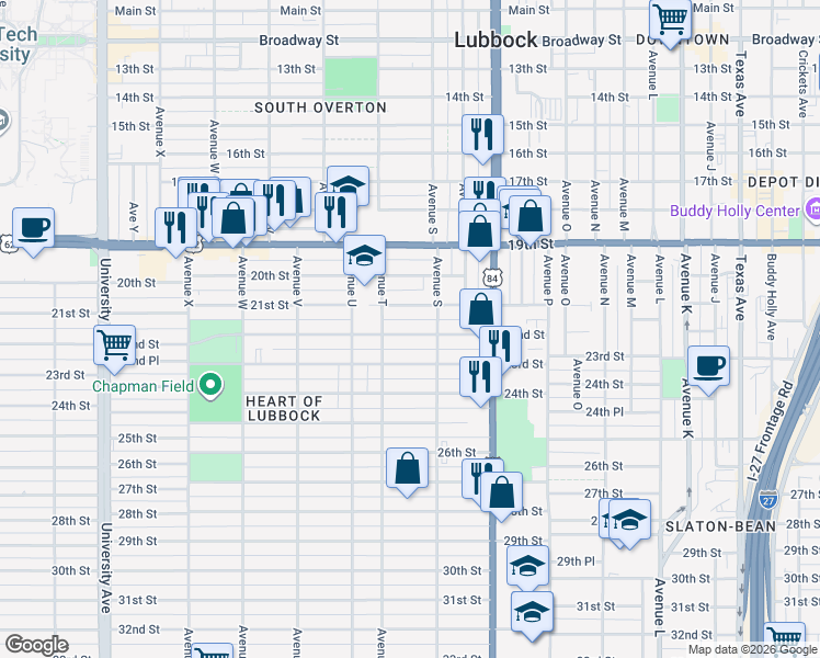 map of restaurants, bars, coffee shops, grocery stores, and more near 1919 22nd Street in Lubbock