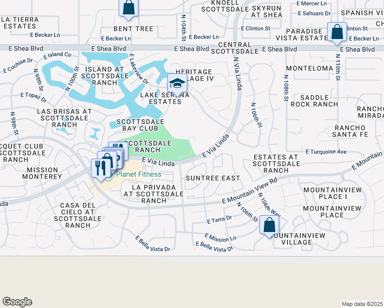 map of restaurants, bars, coffee shops, grocery stores, and more near 10400 East Vía Linda in Scottsdale