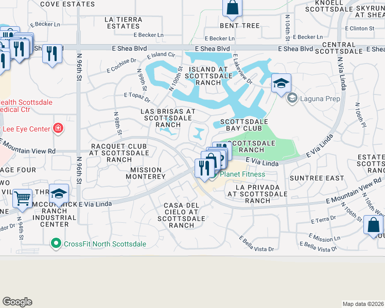 map of restaurants, bars, coffee shops, grocery stores, and more near 10055 East Mountaiiew Lake Drive in Scottsdale