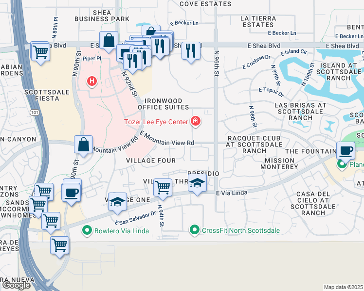 map of restaurants, bars, coffee shops, grocery stores, and more near 9735 North 94th Place in Scottsdale