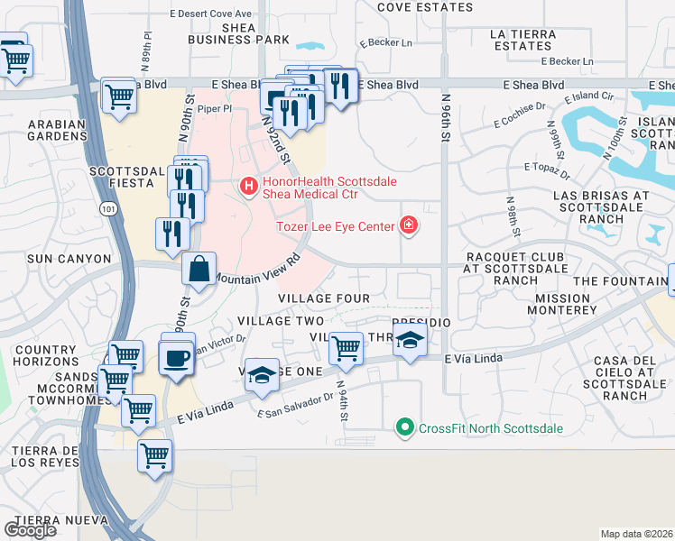 map of restaurants, bars, coffee shops, grocery stores, and more near 9378 East Purdue Avenue in Scottsdale