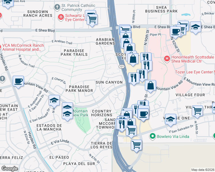 map of restaurants, bars, coffee shops, grocery stores, and more near 8700 East Mountain View Road in Scottsdale