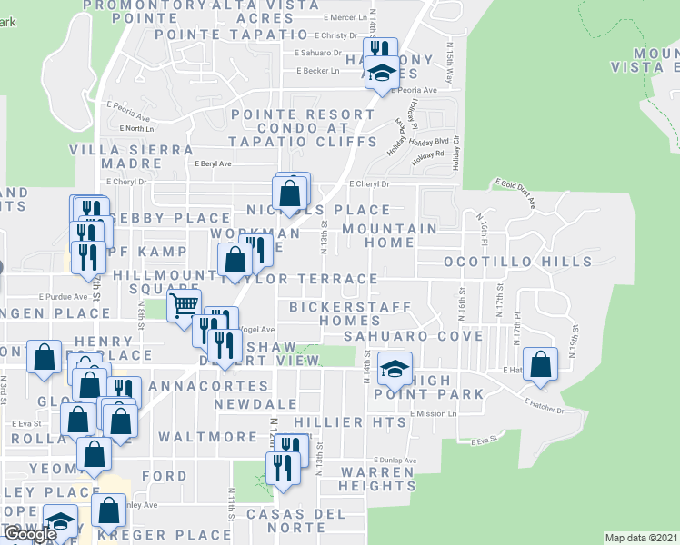 map of restaurants, bars, coffee shops, grocery stores, and more near 1321 East Mountain View Road in Phoenix