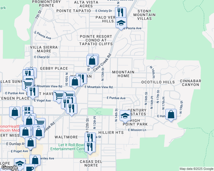map of restaurants, bars, coffee shops, grocery stores, and more near 1251 East Mountain View Road in Phoenix