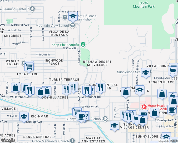 map of restaurants, bars, coffee shops, grocery stores, and more near 9630 North 7th Avenue in Phoenix