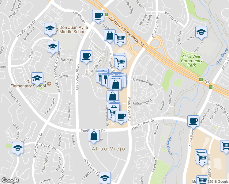 map of restaurants, bars, coffee shops, grocery stores, and more near 7129 CIty Lights Drive in Aliso Viejo