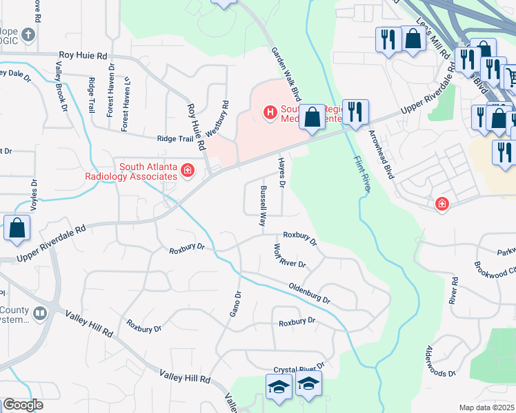 map of restaurants, bars, coffee shops, grocery stores, and more near 6565 Bussell Way in Riverdale