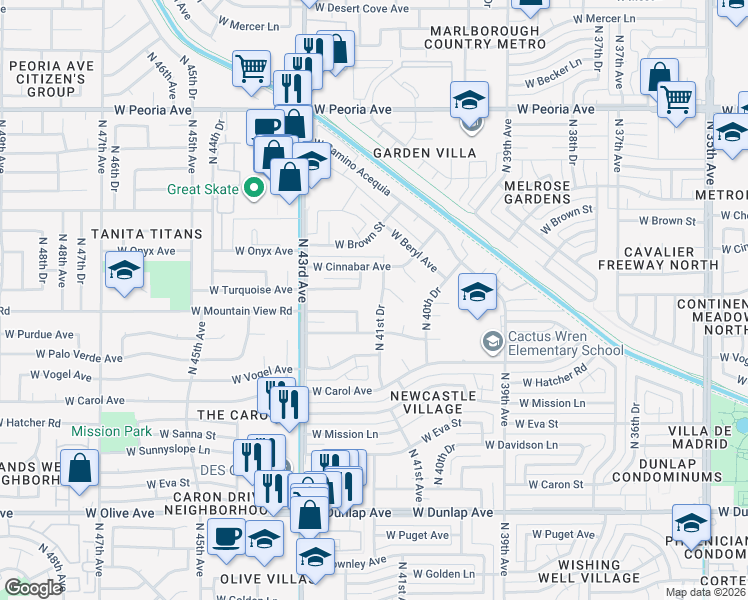 map of restaurants, bars, coffee shops, grocery stores, and more near 9643 North 42nd Avenue in Phoenix