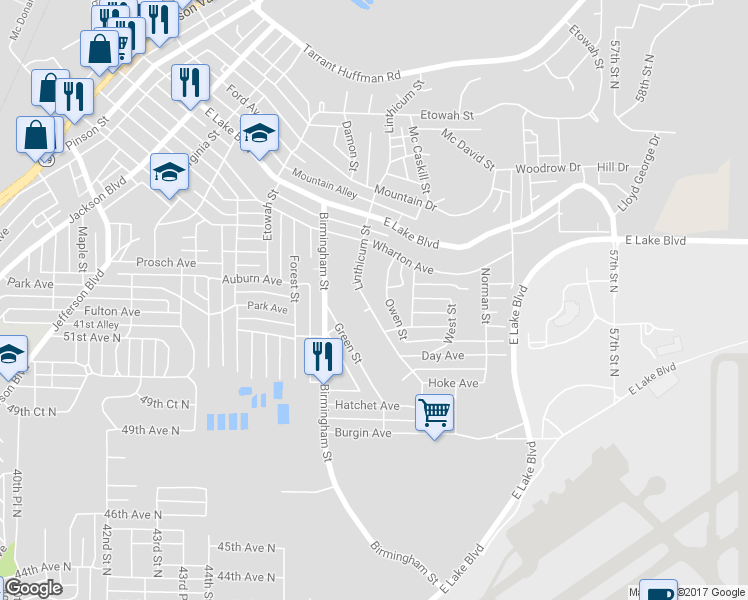 map of restaurants, bars, coffee shops, grocery stores, and more near 1101 Linthicum Street in Birmingham
